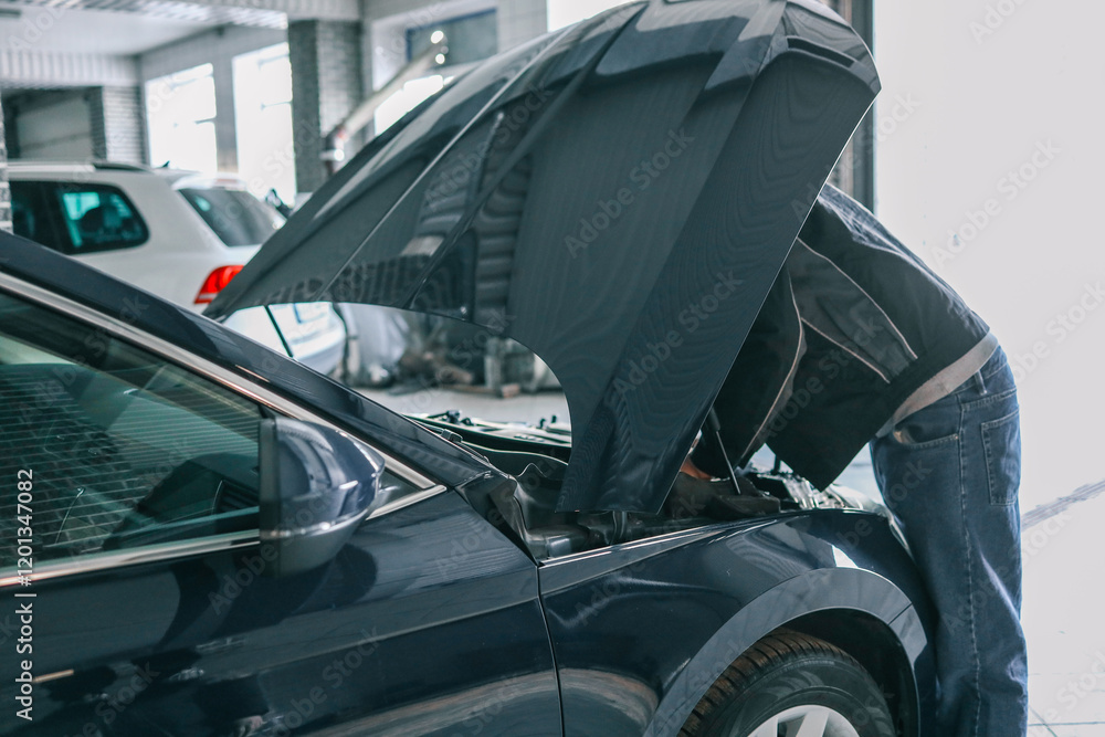 Poster Mechanic inspecting the engine under an open car hood in a workshop setting. Concept for automotive maintenance, repair, and diagnostics