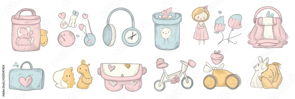 Poster cute and colorful illustrations of various objects and characters in soft pastel tones created for p
