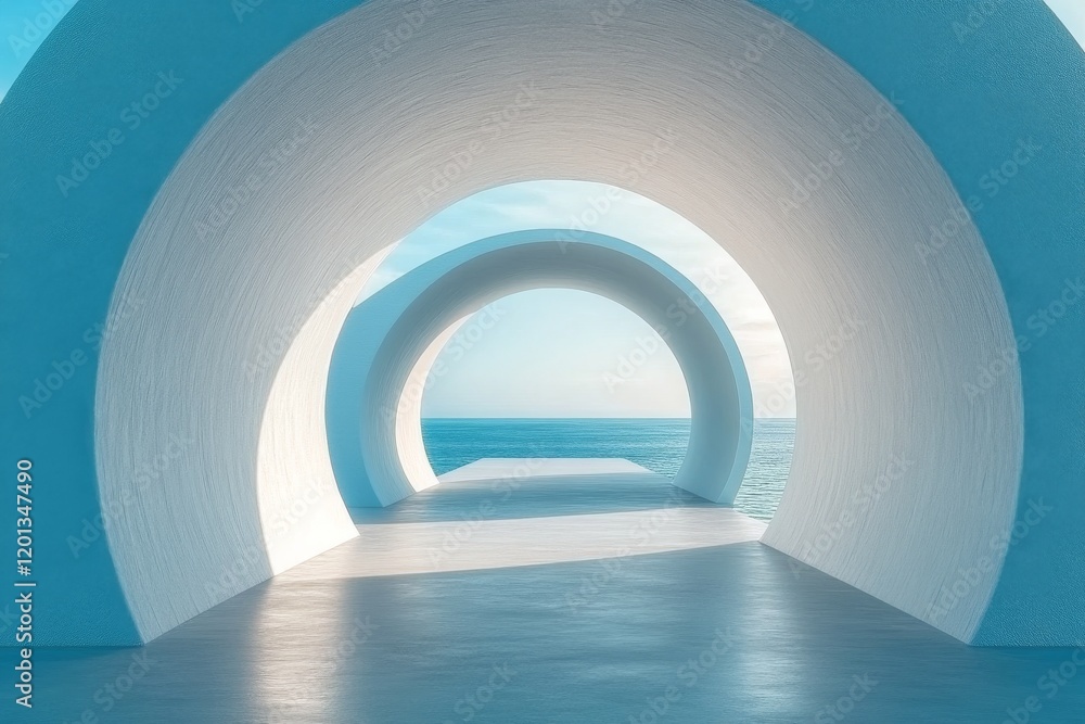 Poster architectural arches create a serene pathway with ocean views in a tranquil white space