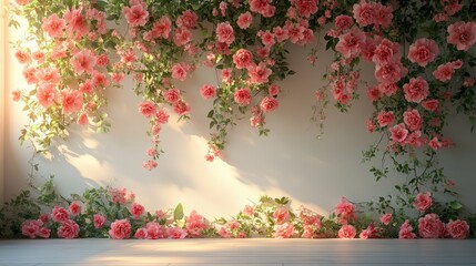 Beautiful floral backdrop featuring soft pink roses cascading elegantly against a light wall, perfect for themed events or photography sessions