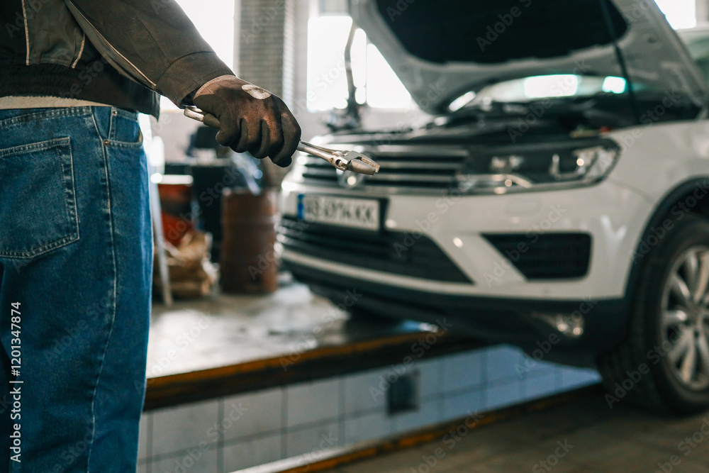 Poster mechanic holding an adjustable wrench in a workshop. a white car with its hood open is visible in th