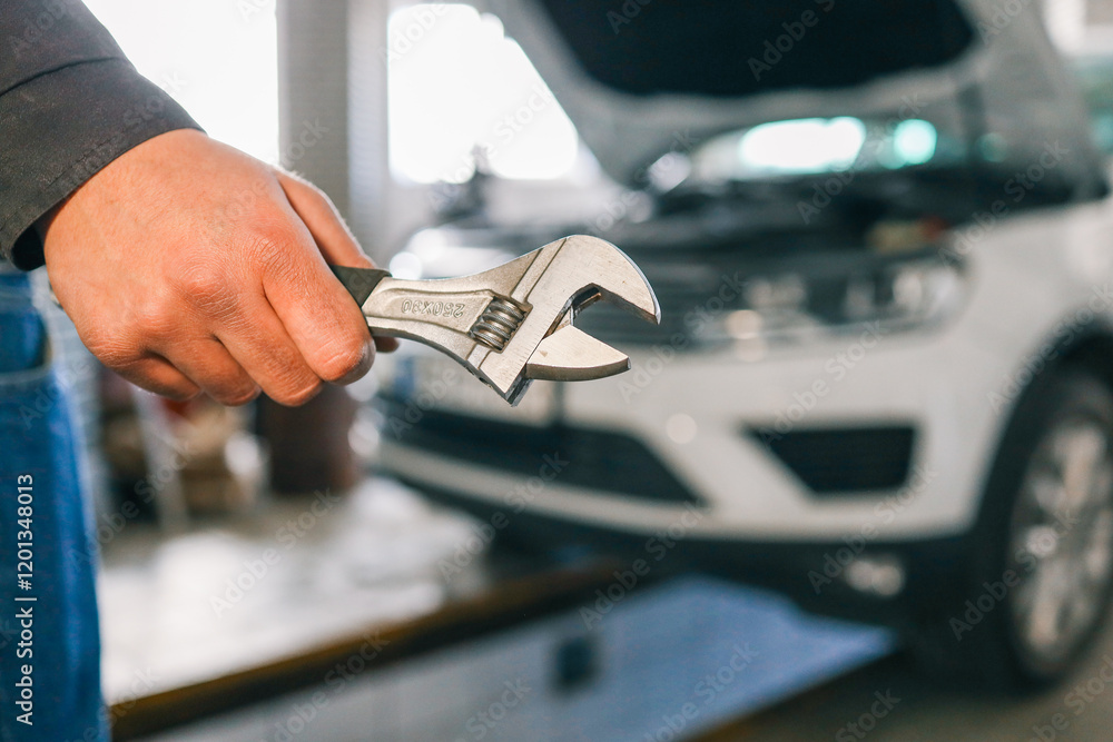 Aufkleber Mechanic holding an adjustable wrench in a workshop. A white car with its hood open is visible in the background, indicating repair or maintenance work