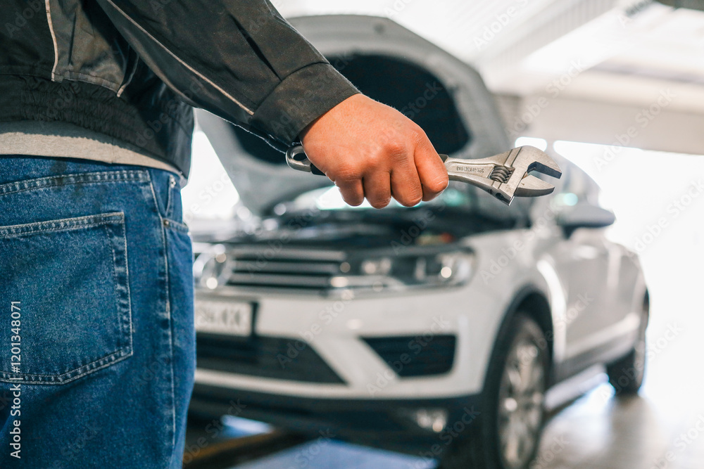 Poster Mechanic holding an adjustable wrench in a workshop. A white car with its hood open is visible in the background, indicating repair or maintenance work