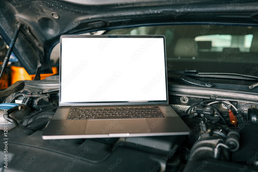 Poster laptop placed on a car engine under an open hood in a garage. represents modern automotive diagnosti