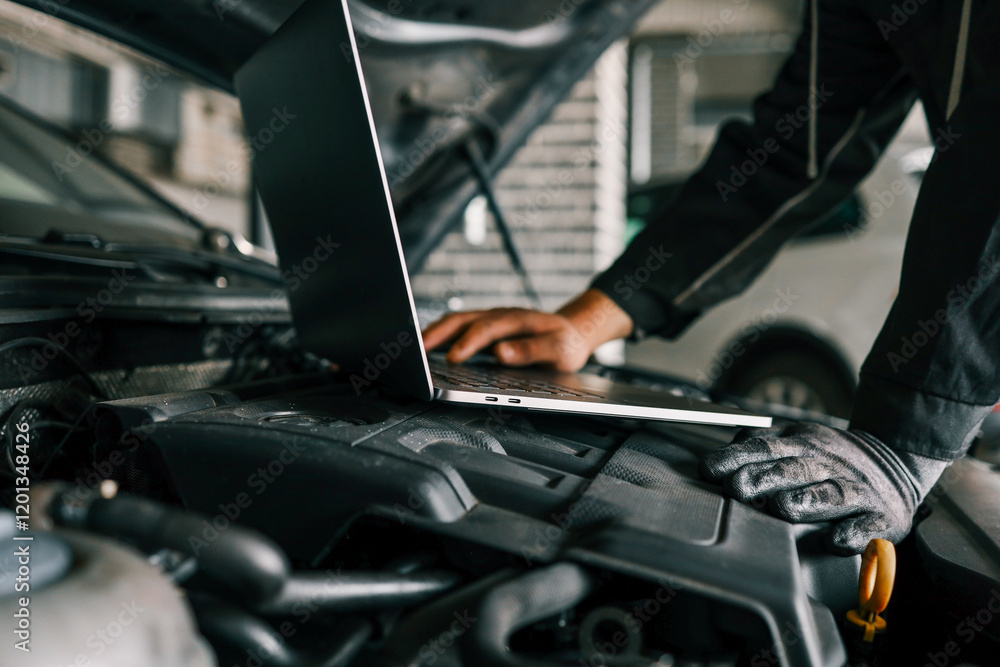 Aufkleber A mechanic using a laptop on a car engine for diagnostics in a garage. Highlights the use of technology in modern vehicle maintenance and repair
