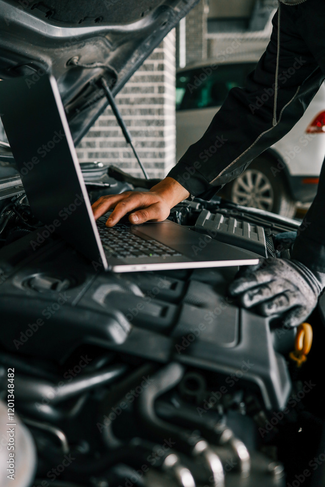Poster A mechanic using a laptop on a car engine for diagnostics in a garage. Highlights the use of technology in modern vehicle maintenance and repair