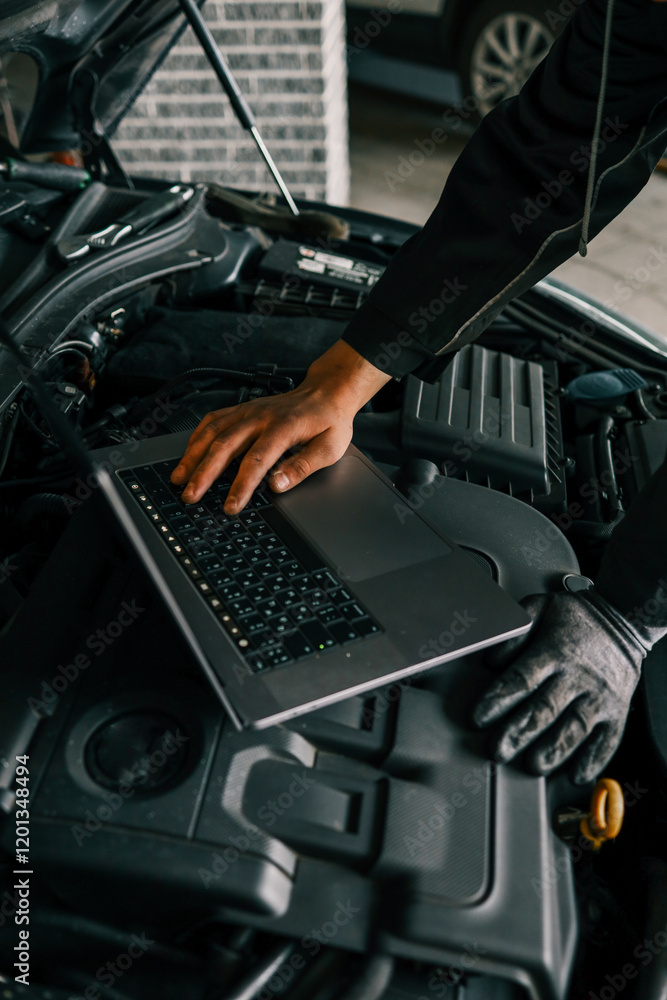 Poster A mechanic using a laptop on a car engine for diagnostics in a garage. Highlights the use of technology in modern vehicle maintenance and repair