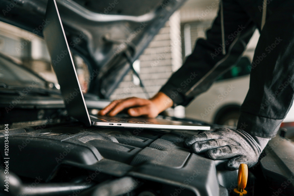 Fototapete A mechanic using a laptop on a car engine for diagnostics in a garage. Highlights the use of technology in modern vehicle maintenance and repair