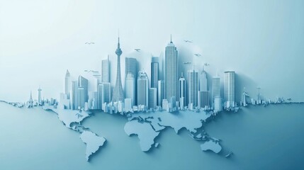 Fototapeta premium Abstract city skyline illustration overlaid on a world map, featuring skyscrapers, towers, and urban architecture in a minimalistic style with a cool color palette.