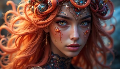 Portrait of a fantasy redhead woman with ornate headdress and intricate makeup, wearing a jeweled crown, digital art, AI art, 3D render