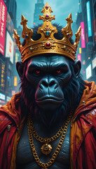 Fototapeta premium Gorilla King with Gold Crown in Cyberpunk New York City