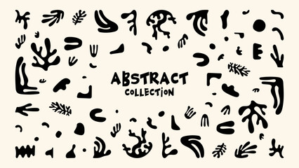 Minimalist Organic Plant Shapes. Hand-drawn abstract plant shapes in black and white, inspired by Matisse. Modern collage design, perfect for prints, fashion templates, and creative projects