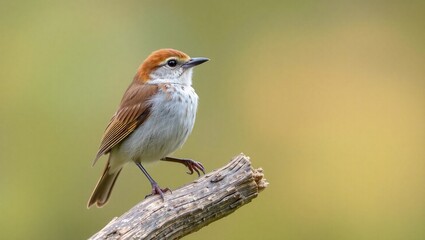 Fototapeta premium small bird, rustic perch, detailed feathers, soft brown tones, sharp beak, bright eye, bokeh background, nature photography, wildlife portrait, shallow depth of field, sparrow-like bird, textured wood
