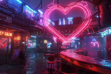 A lively entertainment venue boasts a huge heart-shaped neon sign, adding to the festive vibe with colorful decorations and excited patrons enjoying various games.