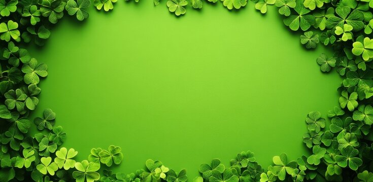 St. Patrick's Day background with a frame of shamrock leaves on a green color, with copy space concept for a St. Patrick's Day celebration template design, a flat lay view of all sides