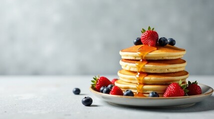 A Delicious Stack of Buttery Pancakes Topped with Fresh Berries and Drizzled with Sweet Honey Syrup on a Plate