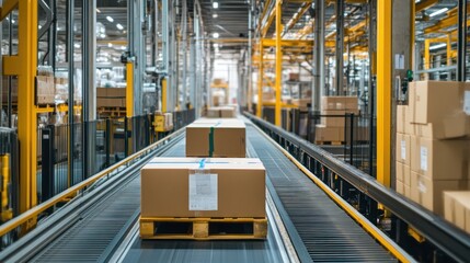 Fototapeta premium Automated Conveyor Belt System Moving Packages In a Modern Warehouse