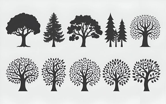 Set of Black Silhouettes of Various Trees Including Oak, Pine, Birch, Maple, and More - Powered by Adobe