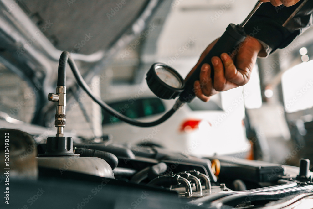 Aufkleber Mechanic using a pressure gauge to test and diagnose the engine system of a car in a workshop. Open hood reveals components and testing equipment