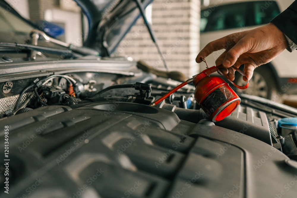 Aufkleber Mechanic using a red oil can to lubricate a vehicle's engine components during routine maintenance in a workshop