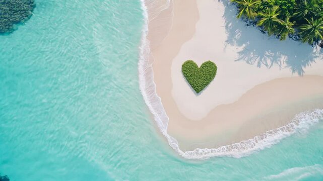 Heart Shaped Island: A heart-shaped patch of greenery adorns a pristine white sand beach, framed by the turquoise waters of a tropical paradise.