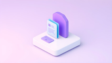 cute isometric 3d image of file processing 3d icon isolated on white platform on pastel background in minimalism in high resolution in purple color. Generative AI