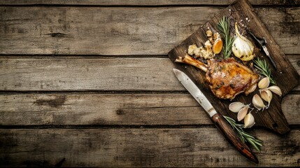 Roasted Lamb Leg on Rustic Wooden Board with Aromatic Herbs and Garlic. A Culinary Masterpiece of Lamb Cuisine.