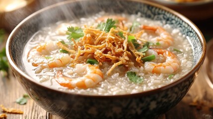 A steaming bowl of shrimp rice porridge, garnished with fresh herbs and a sprinkle of crispy fried shallots, set against a wooden table background