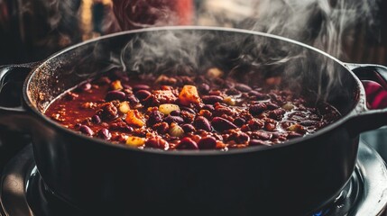 A steaming pot of chili on the stove, with spices and beans visible, inviting viewers to imagine the rich flavors and warmth of a homemade meal