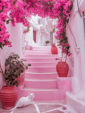 Mediterranean Staircase Under Pink Bougainvillea Flowers