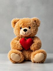Obraz premium A teddy bear toy with a red heart-shaped cushion as a gift for Valentines day or love.