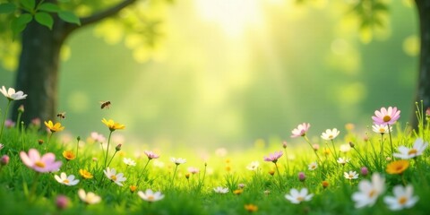 Fototapeta premium Serene Meadow Landscape Vibrant wildflowers bathed in sunlight, bees gently buzzing amidst lush green grass, creating a peaceful and idyllic springtime scene.