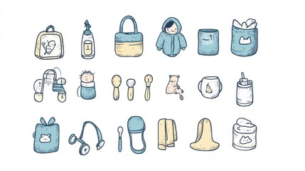 Cute collection of illustrated baby items and accessories in soft colors for nursery decor or baby showers. Generative AI