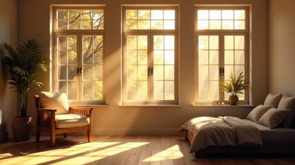 Naklejka premium Serene morning sunlight streams through large windows illuminating a minimalist bedroom with a comfortable chair and a neatly made bed