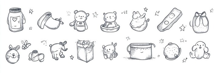 Cute hand drawn illustrations of animal characters and objects in playful designs suitable for children’s decor and crafts. Generative AI