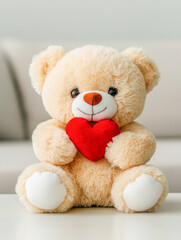 Obraz premium teddy bear holding a red heart on a simple white background