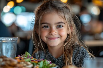 Fototapeta premium A little girl enjoys her meal in a cafe. A cheerful child is making faces in a cafe. The family is having fast food together. The cute girl is not in the mood to eat and is indulging