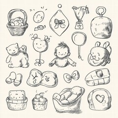 Collection of hand drawn baby items and toys in a sketch style suitable for nursery decor or childrens products. Generative AI