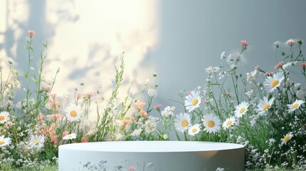 3D rendering of a white podium with daisies and wildflowers on a blue background for product display