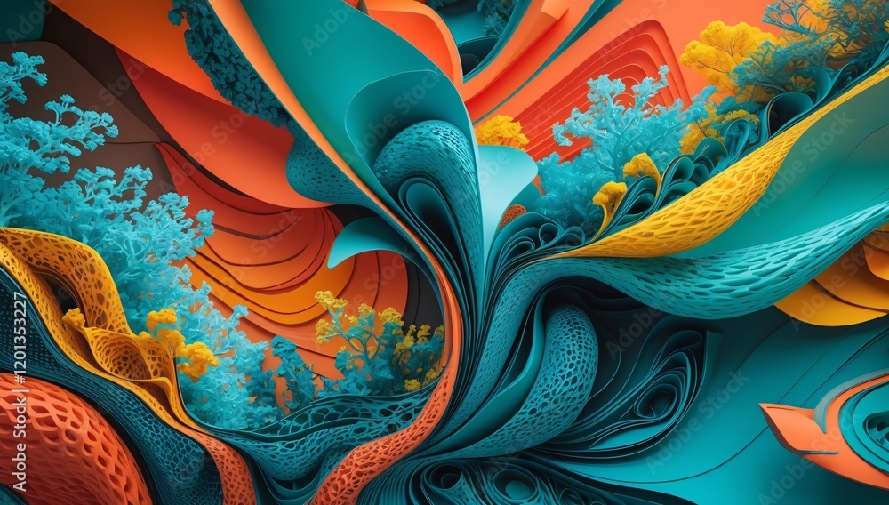 Poster vivid layers of paper-inspired artwork featuring swirling shapes and complex textures in bold colors