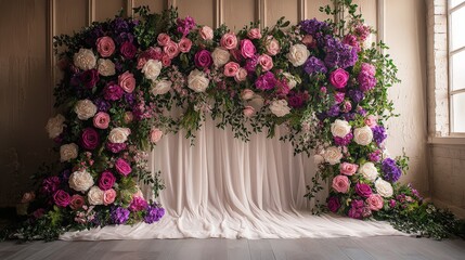 Beautiful Floral Backdrop Featuring Pink and Purple Roses for Wedding or Event Themes with Lush Greenery and Elegant Drapery