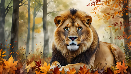 A serene and contemplative portrait of a lion, lost in thought as it enjoys the tranquility of an autumn forest.