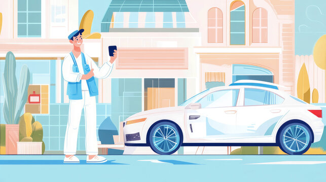 Man using Smartphone App to Call for Ride Sharing Service, Standing near White Automobile in City Setting