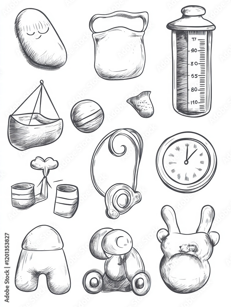 Aufkleber artistic collection of various playful objects arranged in a grid, showcasing shapes and sizes in a 