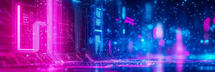 Neon Circuitry Abstract: Futuristic Technology Background with Glowing Lines and Particles