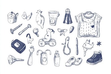 Unique collection of vintage items including clothing, kitchenware, and decorative objects on a plain background. Generative AI