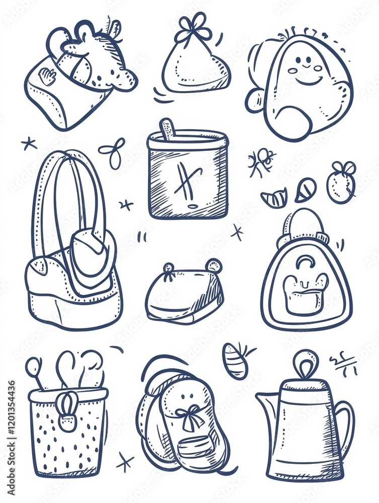 Poster creative doodles of cute objects including bags, containers, and playful characters sketched on a li