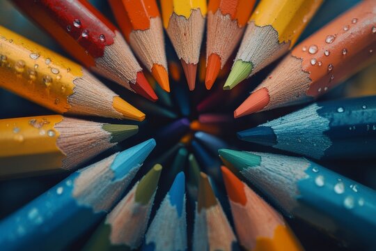 Vibrant assortment of colored pencils arranged in a circular pattern on a bright background