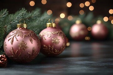 Elegant Christmas Ornaments with Pine Branches and Bokeh Lights for Holiday Decor