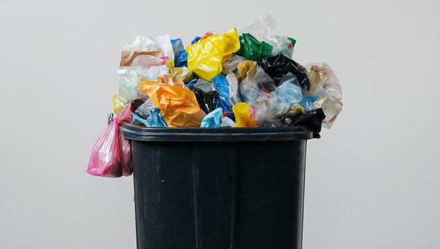 A dark colored trash can is overflowing with a large pile of various colored plastic bags and other waste. The image highlights plastic pollution.
